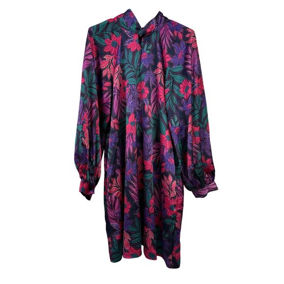 Magenta Dark Floral Flow Satin Dress ODDY Small Long Sleeve Short High Neckline - Picture 2 of 9